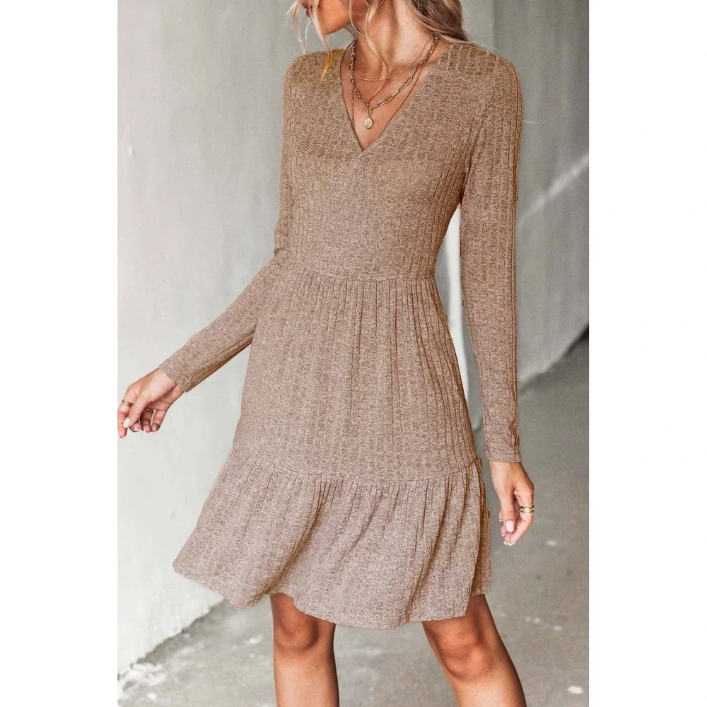Cupshe Tan Brown Ribbed Knit V-Neck Tiered Ruffle Mini Dress XL - Picture 4 of 7